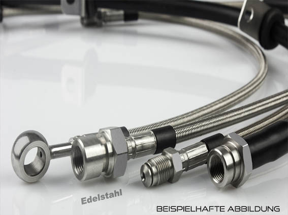 Detailansicht von Stahlflex-Bremsleitungen und Anschlüssen