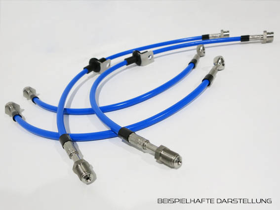 Detailansicht von Stahlflex-Bremsleitungen in RS-Blau und Anschlüssen