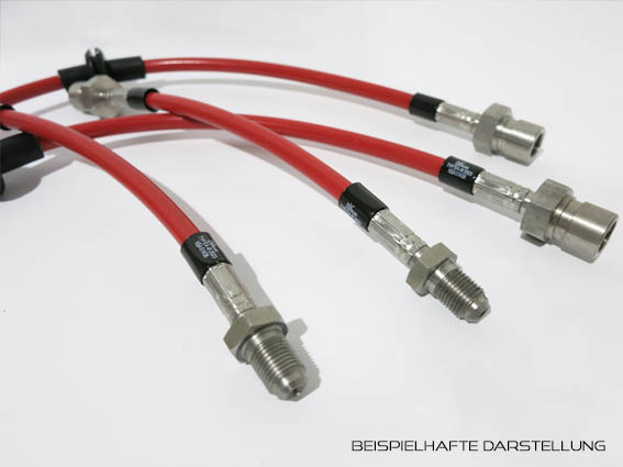 Detailansicht von Stahlflex-Bremsleitungen in Space-Rot und Anschlüssen