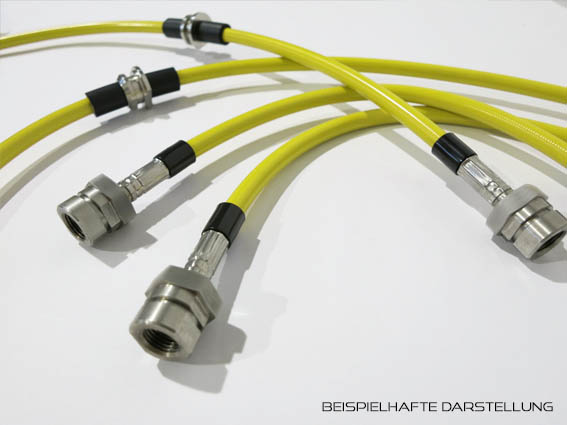 Detailansicht von Stahlflex-Bremsleitungen in Sunflower-Gelb und Anschlüssen