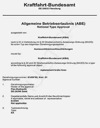 Eintragungsfreie Stahlflex Schläuche - mit ABE und KBA Nummer